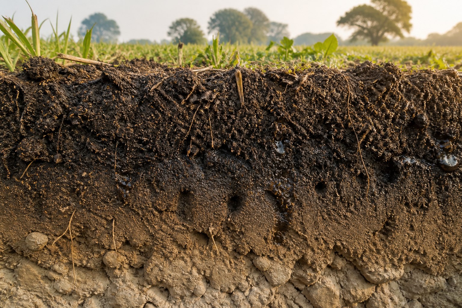 Indian agricultural field above a layered soil profile rich in roots and organic carbon