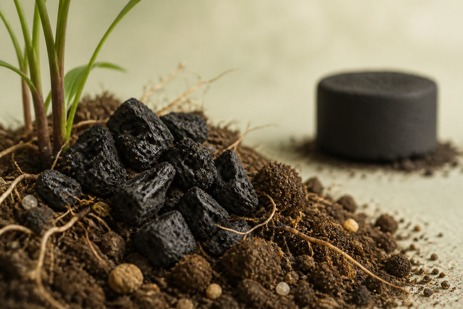 Irregular porous agricultural biochar beside a uniform fuel-charcoal briquette