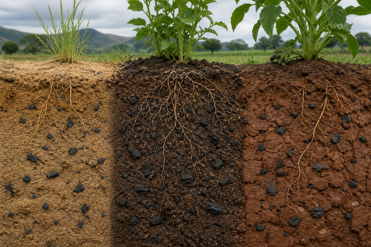 The same biochar distributed through contrasting sandy, loamy and clay soil profiles