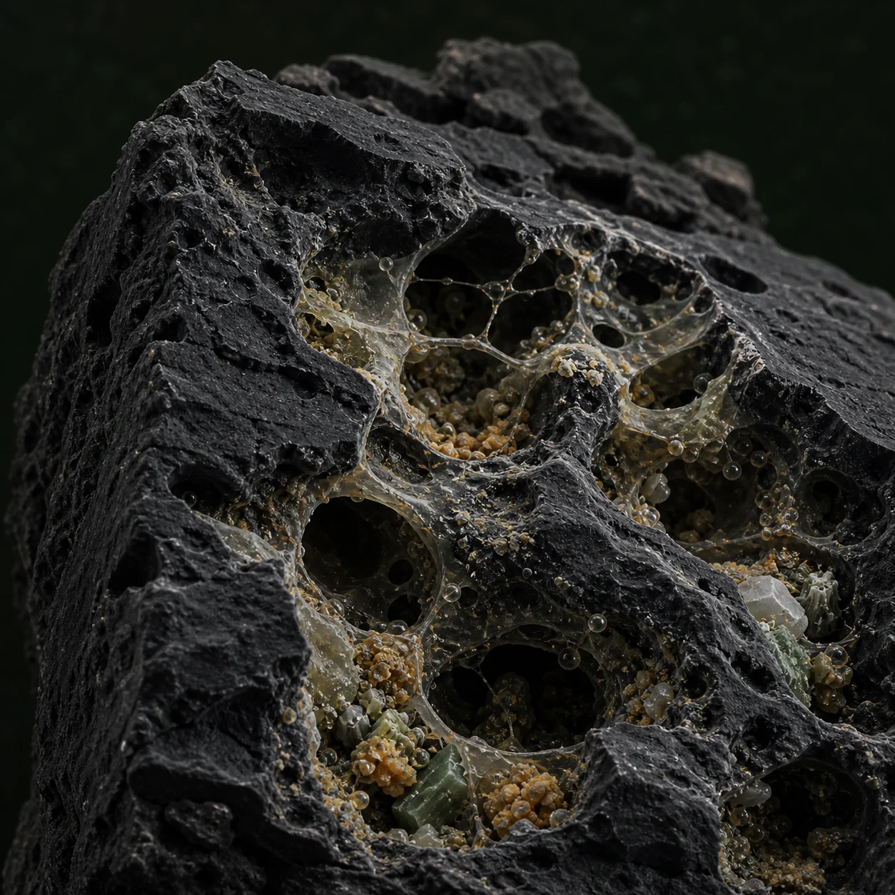 Internal biochar pores with microbial biofilm, moisture and minerals